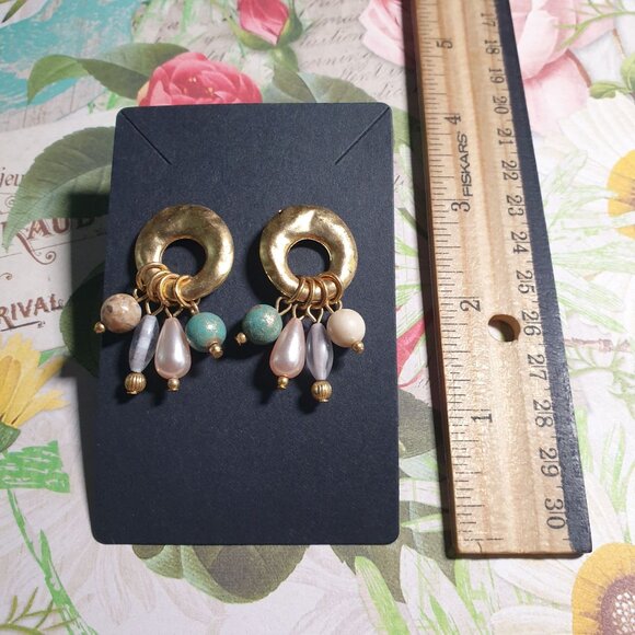 Gold Tone Hoop Earrings Bead Pearl Peach Teal Dangle Accents Vintage Costume - Picture 2 of 3